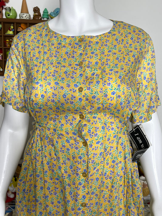 Vintage Deadstock Yellow Floral Button Down Dress Sz L/XL
