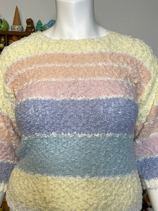 Vintage Pastel Knit Popcorn Textured 3/4 Sleeve Top Sz L