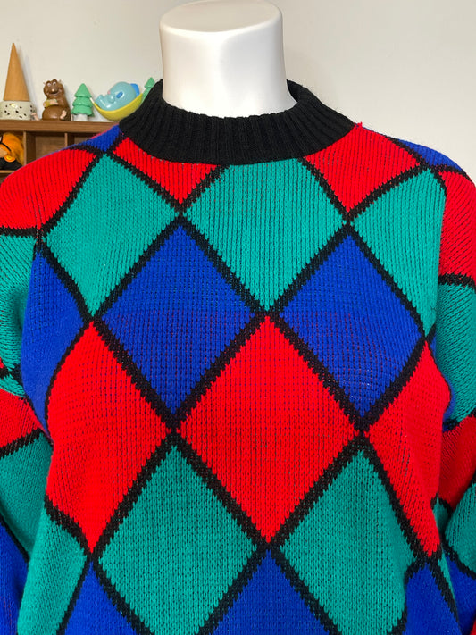 Vintage Colorful Diamond Print Oversized Knit Sweater Sz XL