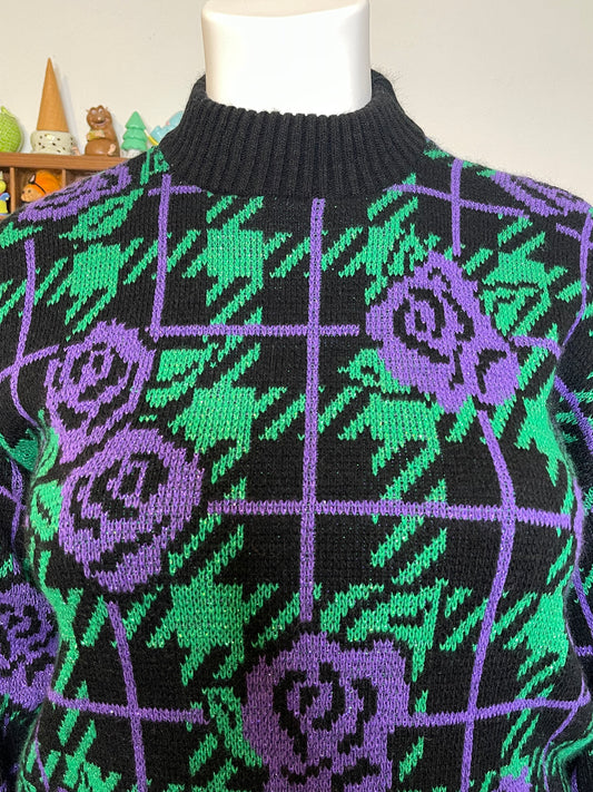 Vintage 90s Glittery Purple Green Rose Print Knit Sweater Sz M/L