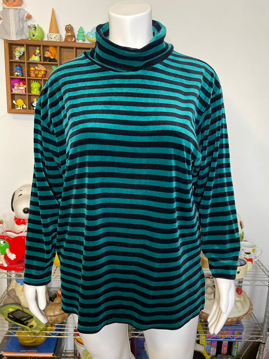 Vintage 90s Green Black Striped Velour Oversized Turtleneck Sweater Sz 2X