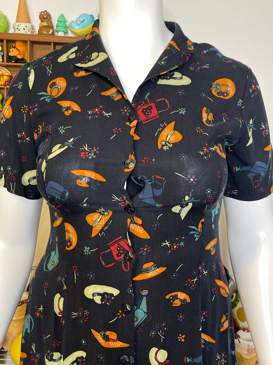 Vintage Whimsy Sun Hat & Watering Can Print Maxi Dress Sz L