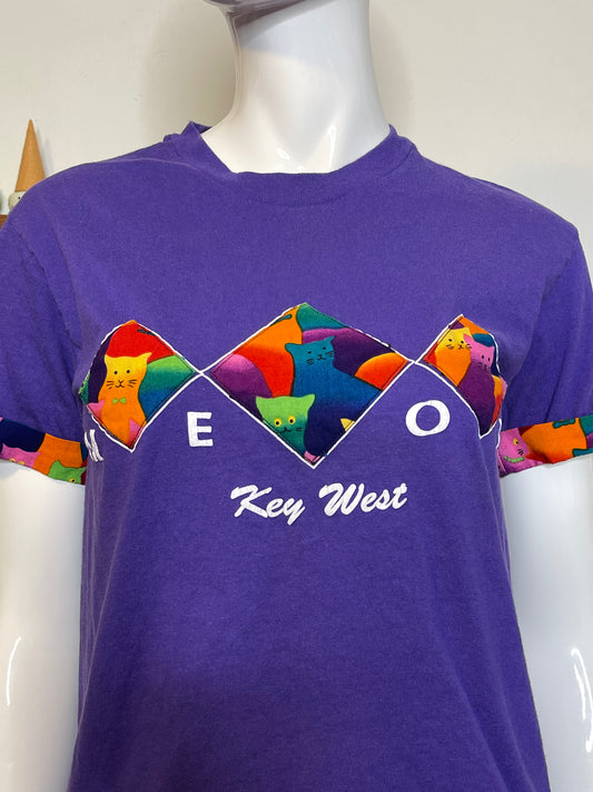 2000s Rainbow Cats Meow Key West Patchwork Tee Sz S