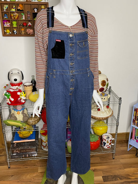 90s Black velvet trim denim overalls sz L