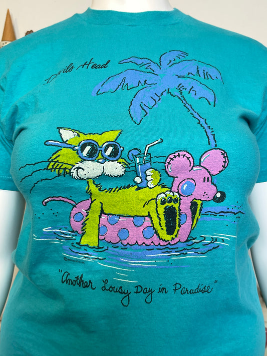 Vintage 80s Devils Head Relaxed Cat Vacation Graphic Tee Sz L