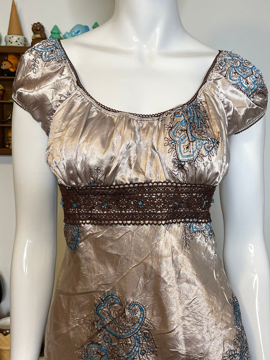 Y2K Crinkly Paisley Fairy Beaded Milkmaid Top Sz S/M