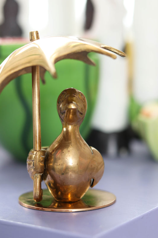 Vintage Solid Brass Duck Holding Umbrella Figurine (B)