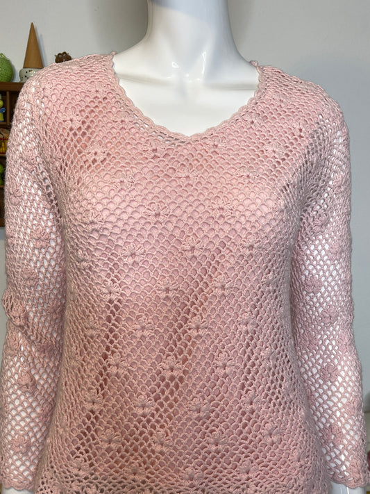 2000s Baby Pink 2pc Flower Crochet Cropped Sleeve Top Sz M