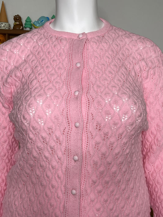 Vintage Deadstock 70s Baby Pink Textured Knit Cardigan Sz L/XL