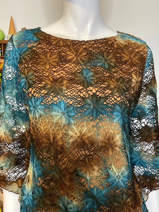 2000s Teal & Brown Floral Tie-dye Fairy Top Sz M/L