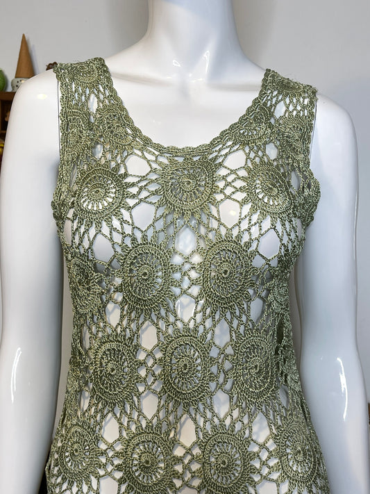 Vintage 2000s Boho Green Crochet Tank Top Sz S