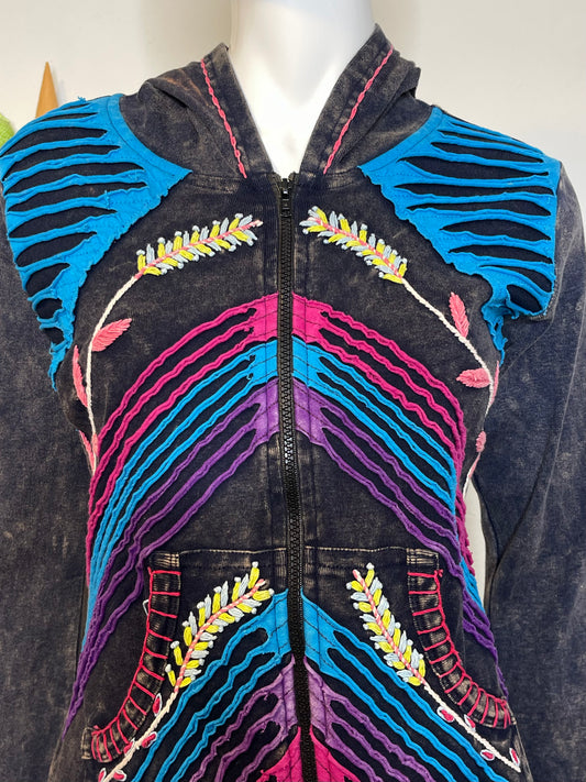 Colorful Acid Wash Distressed Hippie Boho Style Zip-Up Hoodie Sz M
