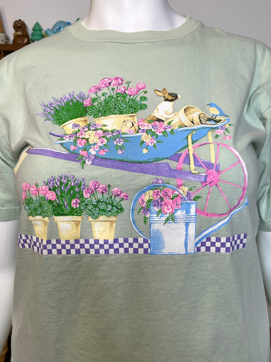 Vintage Mint Green Spring Garden Bunny Graphic Tee Sz L