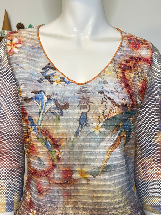 2000s Floral Tattoo Print Micro Mesh & Fishnet 3/4 Sleeve Top