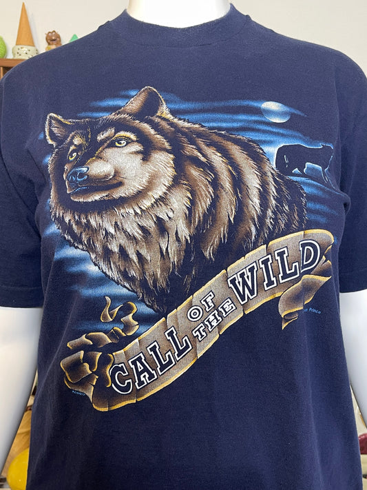 Vintage 90s Navy Blue Call Of The Wild Wolf Tee Sz XL