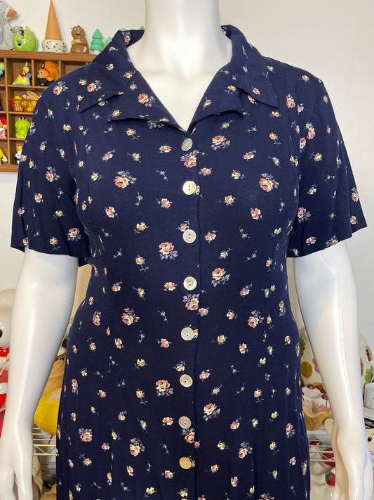 Vintage 90s Navy Blue Floral Button Down Maxi Dress Sz 20W