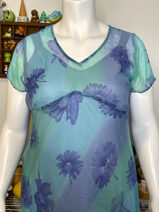 2000s Blue Sheer Flower Print Layered Midi Dress Sz 14/16