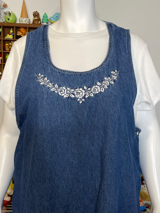 Vintage Plus Size Flower Embroidered Denim Overall Dress Sz 22W