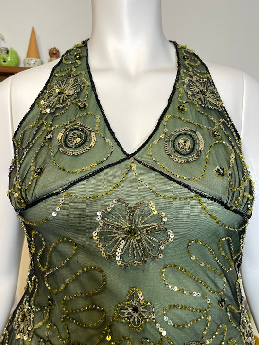 Vintage 2000s Green Beaded & Sequin Mesh Halter Top Sz L