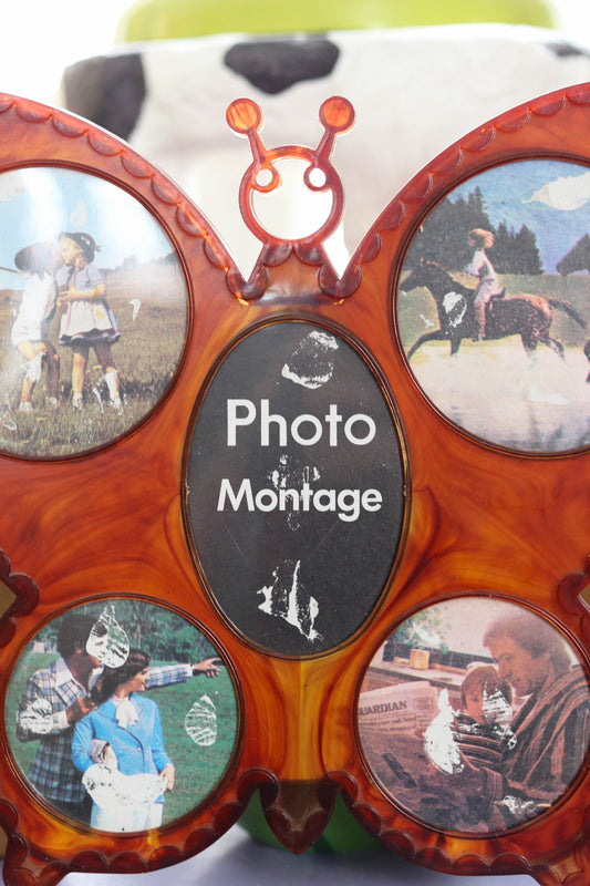 Vintage 70s 80s Tortoise Shell Butterfly Shaped Multi-Photo Picture Frame