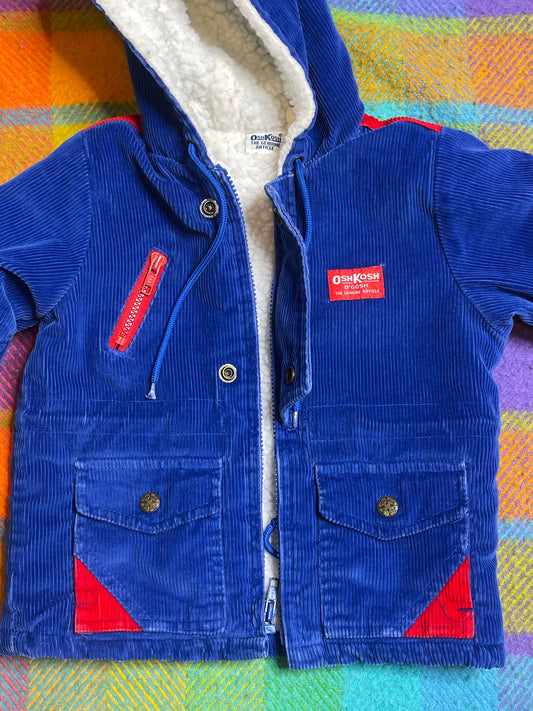 Vintage Oshkosh B'Gosh Blue Red Corduroy Sherpa Lined Hooded Kids Jacket Size 2T