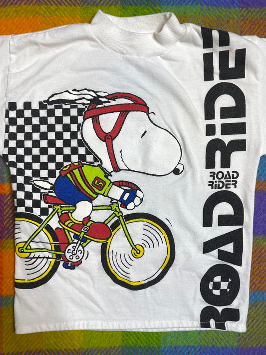 Vintage White Road Rider Snoopy Bicycle Kids Tee Sz 6