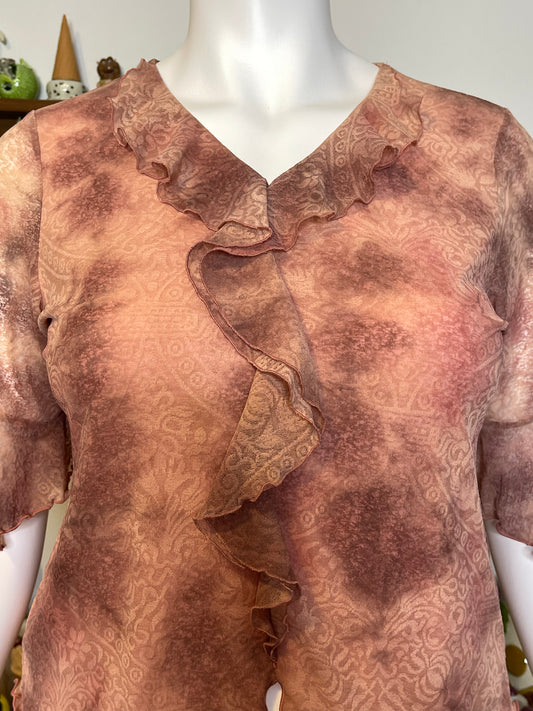 2000s Peachy Tie-Dye Ruffle Mirco Mesh Top Sz 14/16W