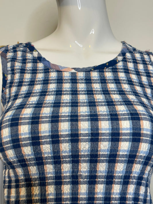 2000s Blue & Peach Plaid Stretchy Tank Top Sz S/P