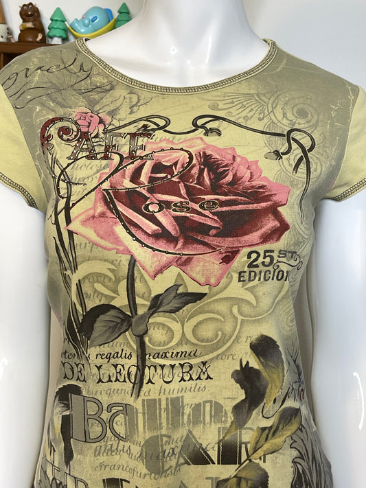 2000s Green Cafe Rose Graphic Top Sz S