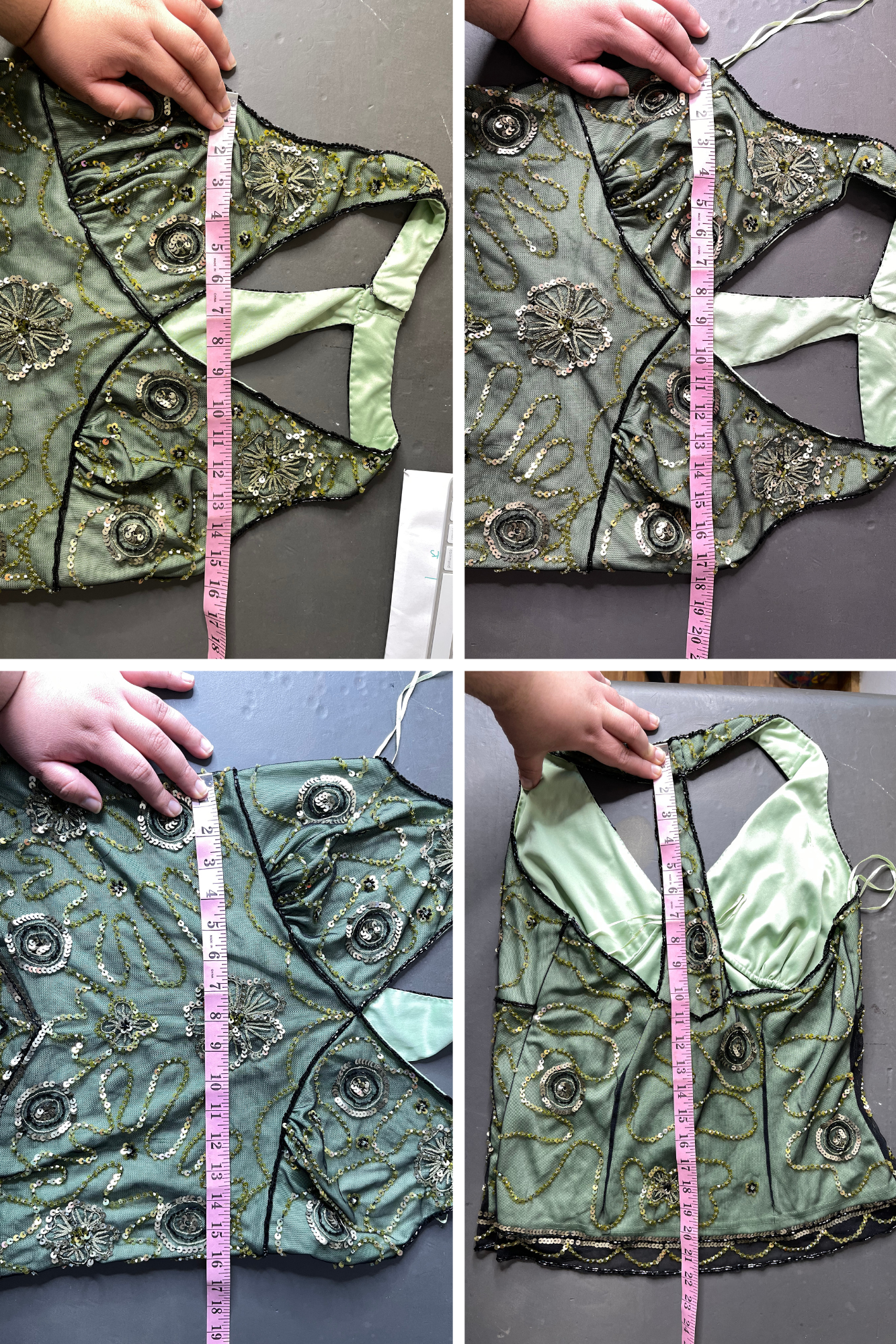 Vintage 2000s Green Beaded & Sequin Mesh Halter Top Sz L