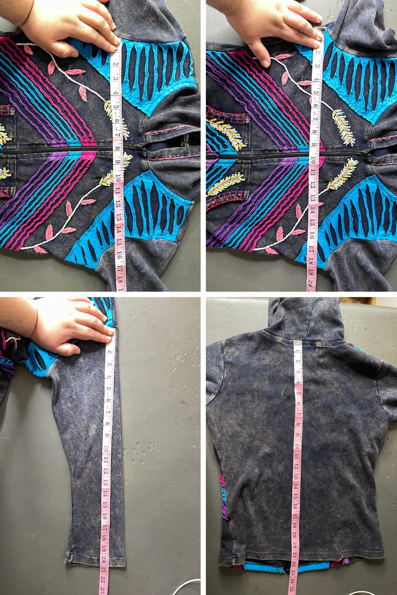 Colorful Acid Wash Distressed Hippie Boho Style Zip-Up Hoodie Sz M