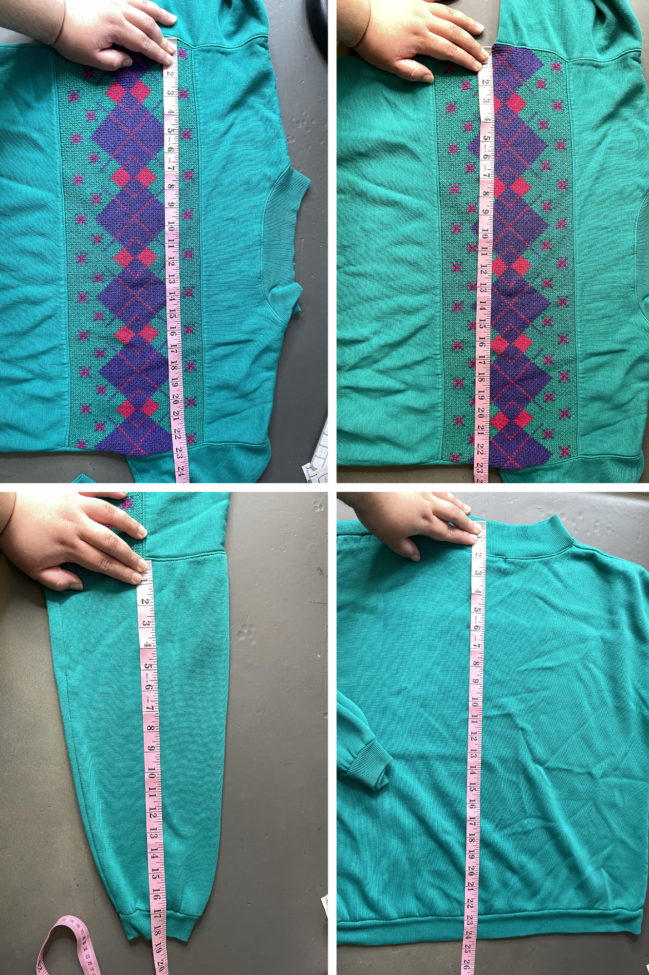 Vintage 90s Teal Green Patchwork Argyle Oversized Sweater Sz M