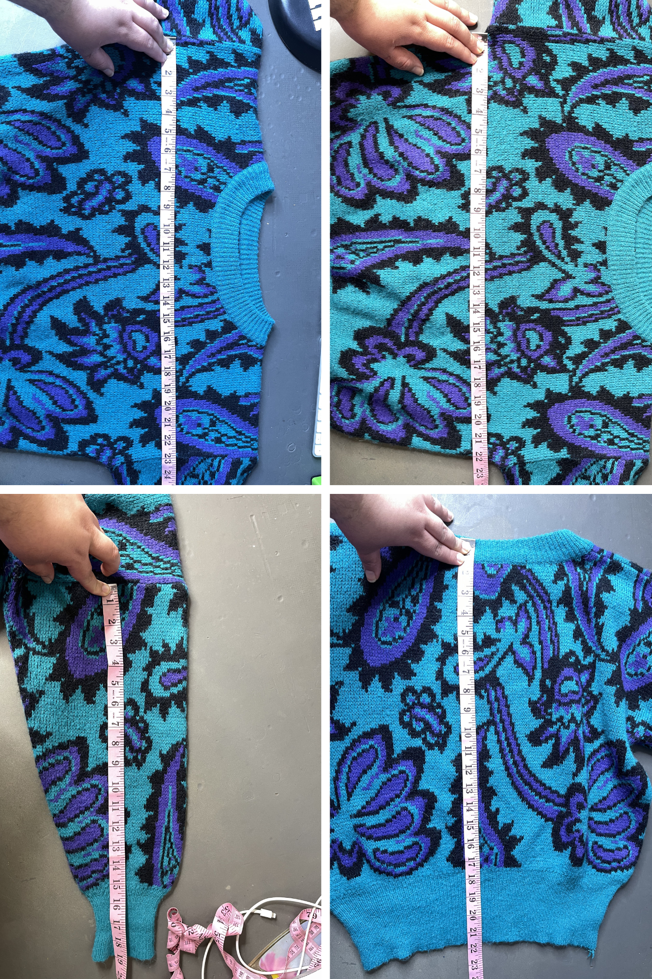 Vintage 90s Teal Green Paisley Knit Sweater Sz M