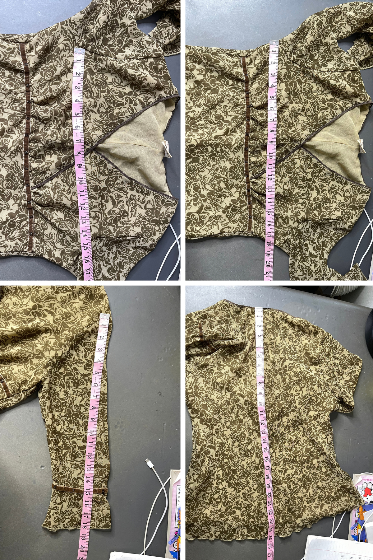 Vintage 2000s Earthy Green Brown Beaded V-Neck Top Sz M