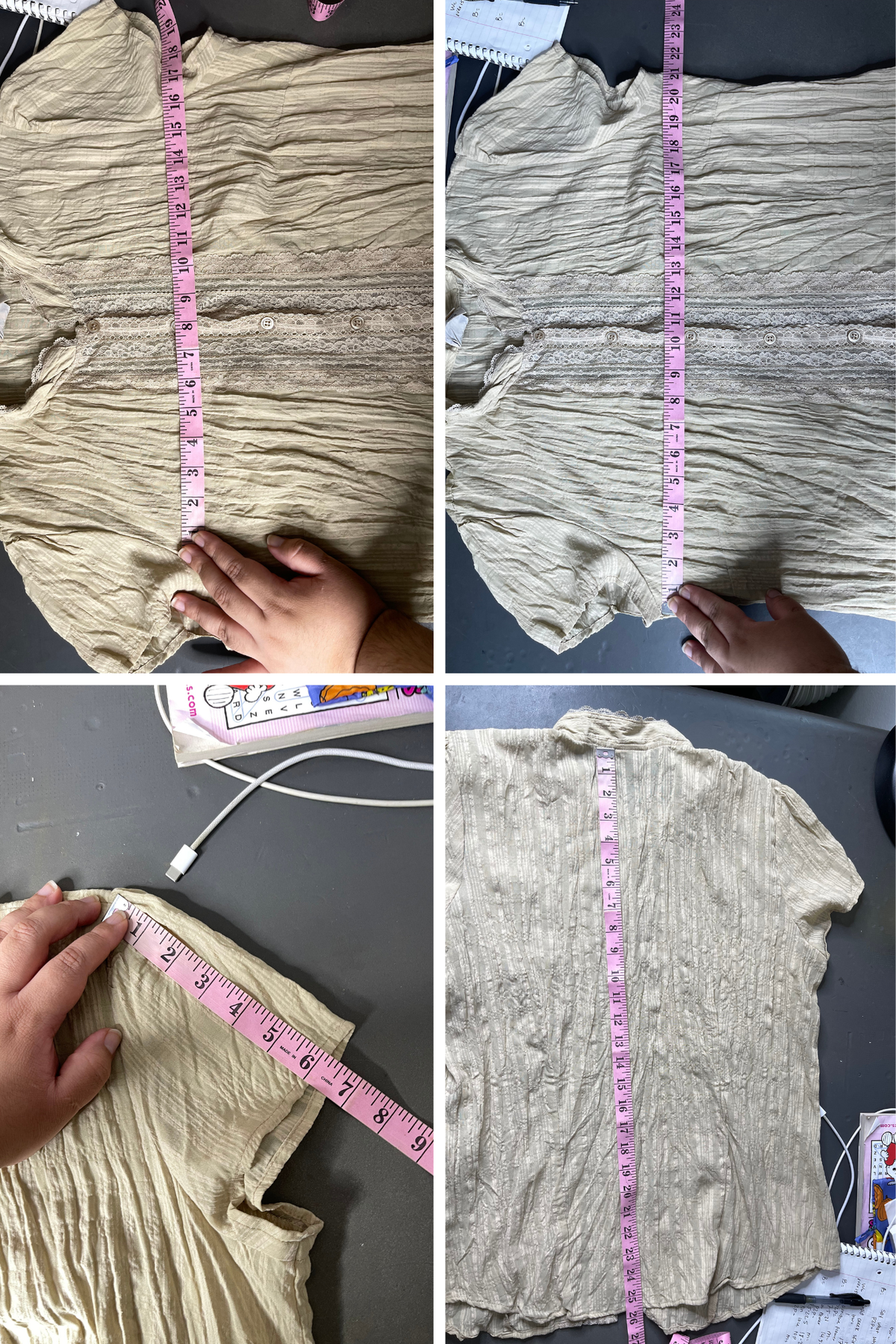 Vintage 2000s Tan Crinkled Sheer Lace Blouse Sz L