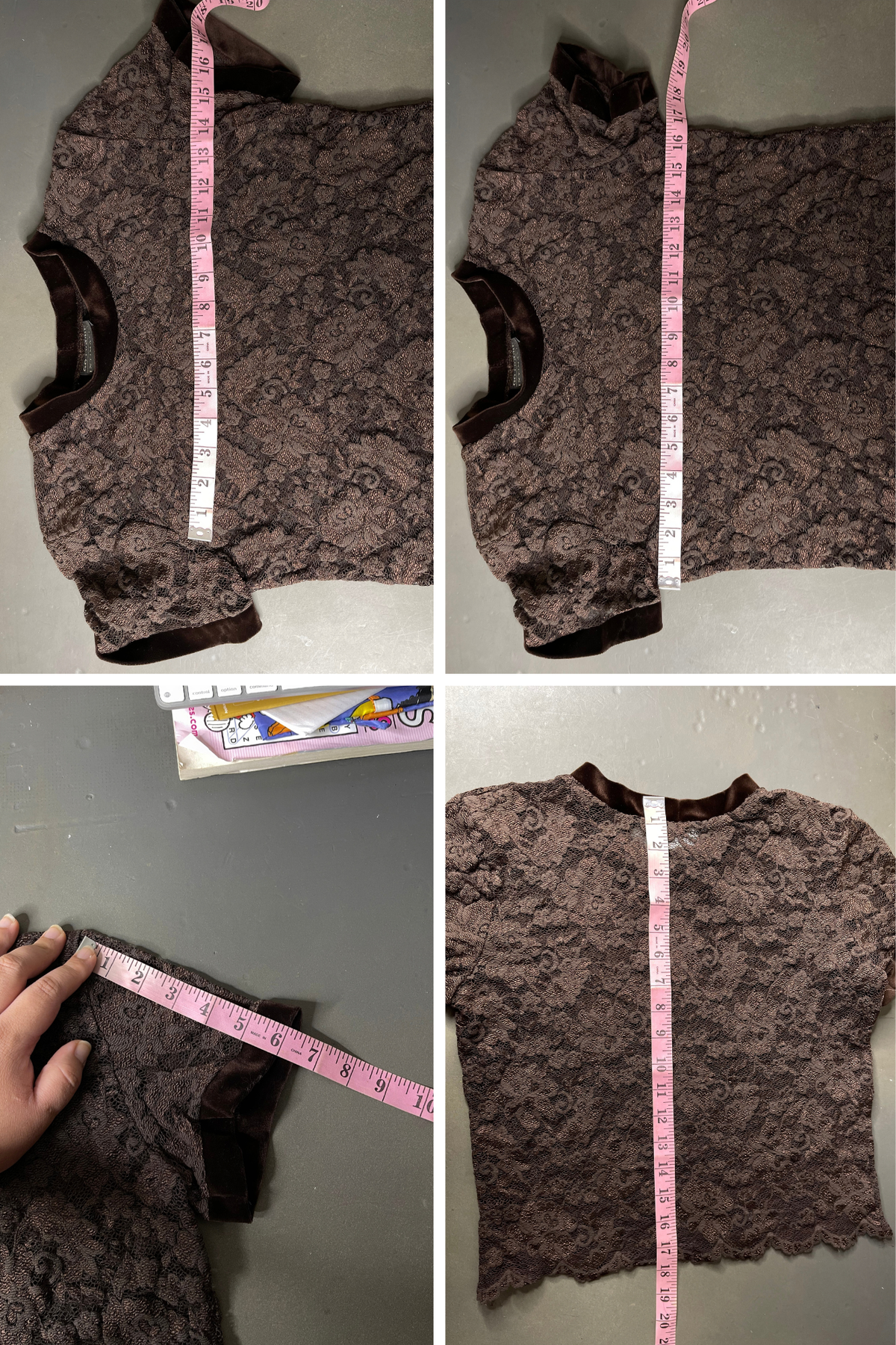 Vintage Brown Flower Lace & Velvet Trim Top Sz M