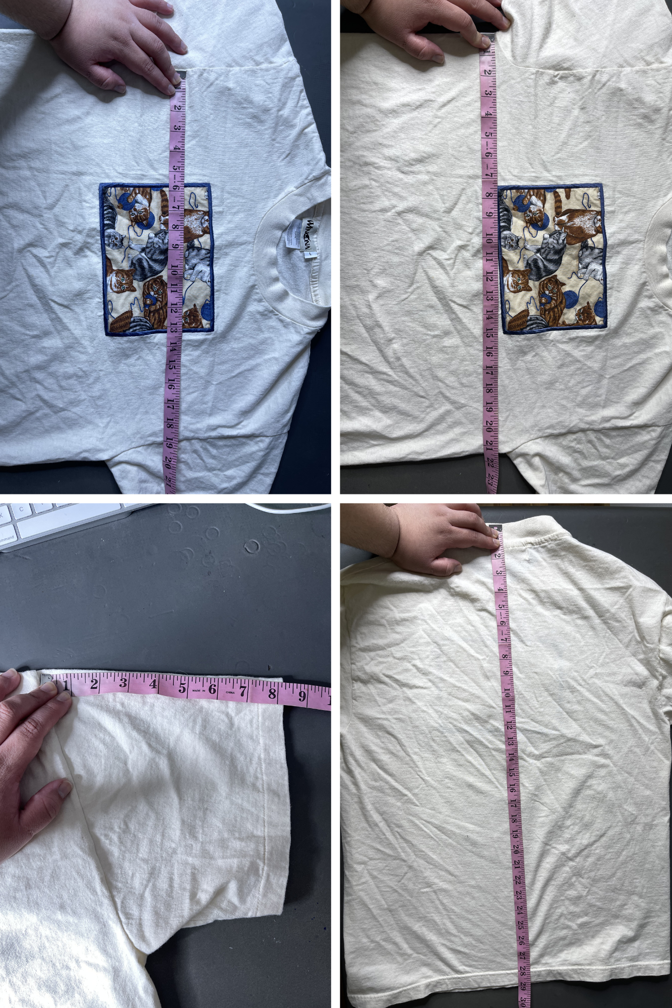 Vintage 90s Cat Patchwork Style Cream Tee Sz L