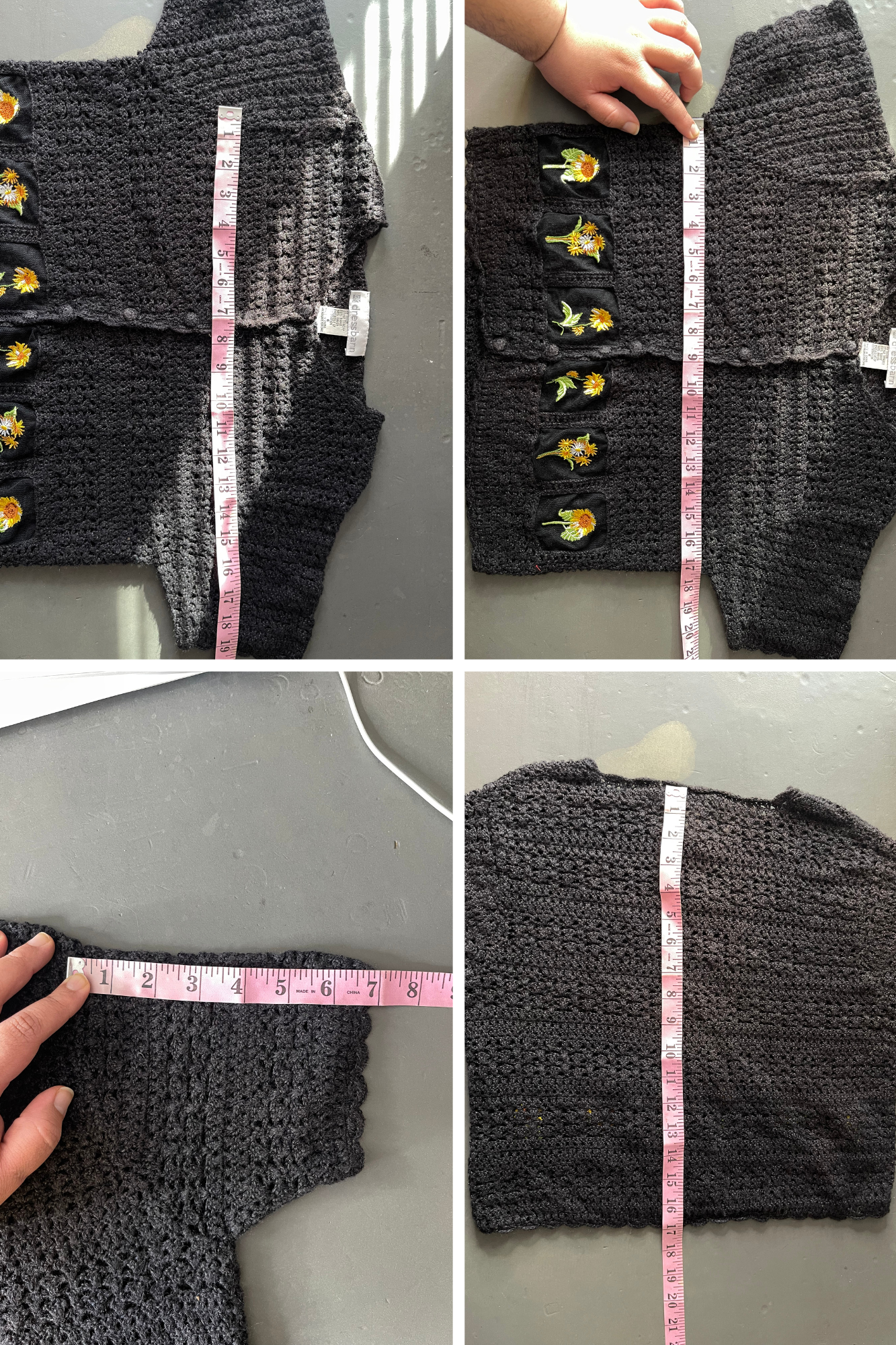 Vintage Black Crochet Flower Embroidered Knit Short Sleeve Cardigan Sz M