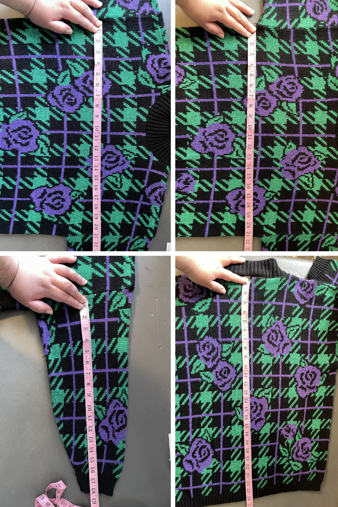Vintage 90s Glittery Purple Green Rose Print Knit Sweater Sz M/L