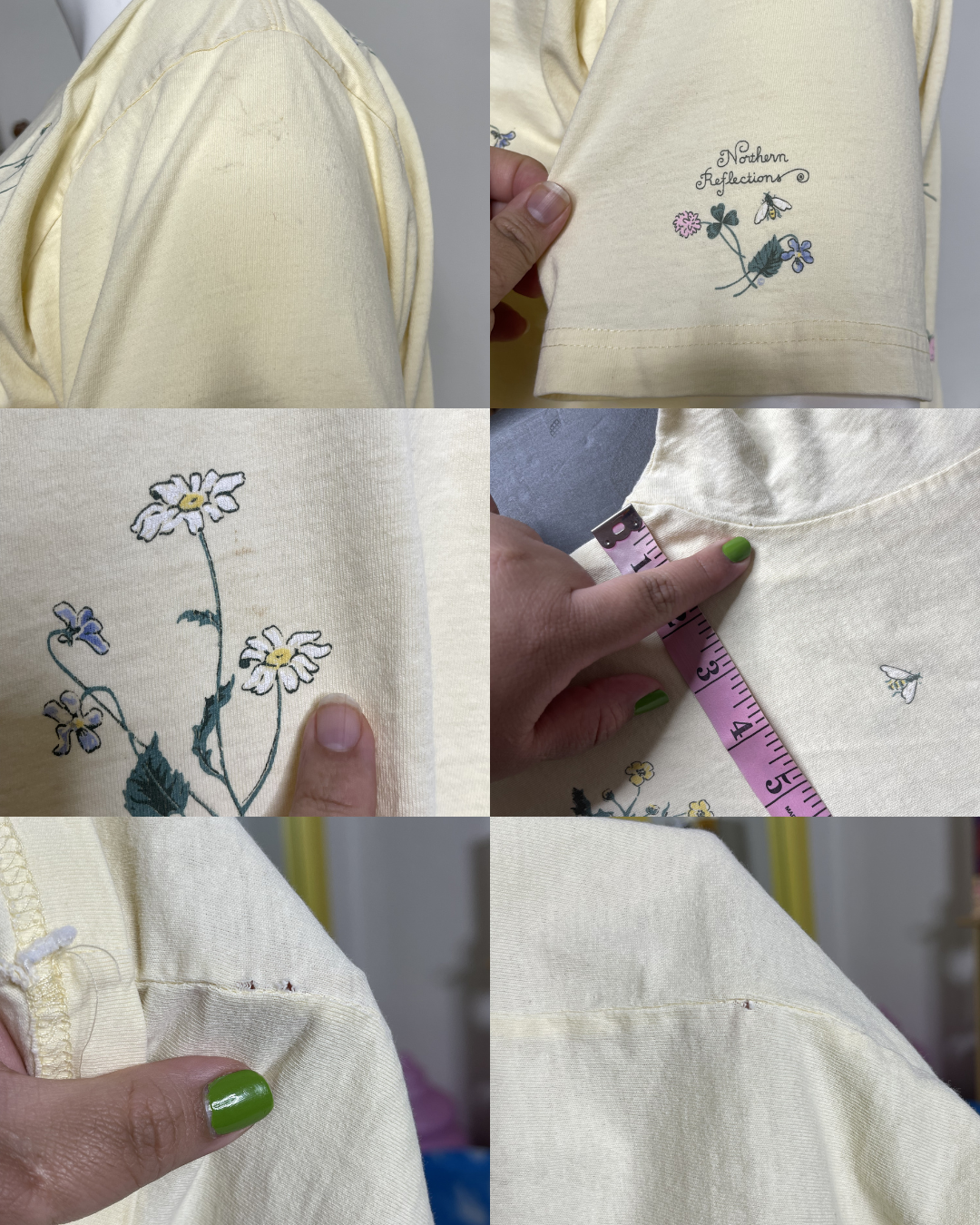 Vintage Nature Flower Print Pale Yellow Graphic Tee Sz L