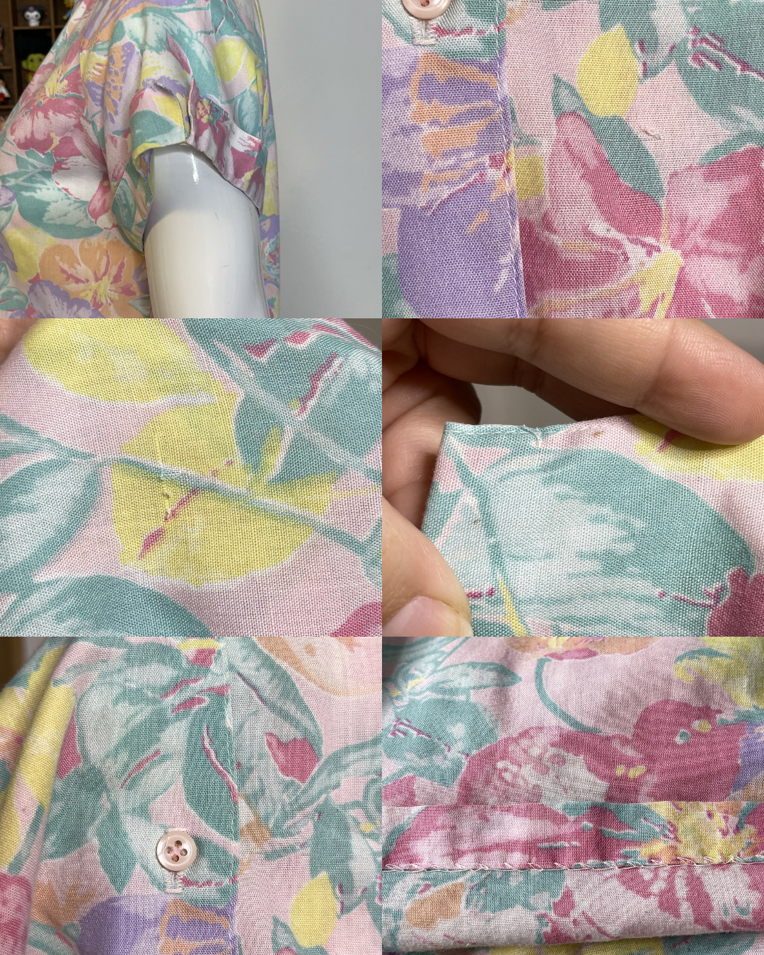 Vintage Pastel Floral Print Collared Button Up Blouse Sz S/M
