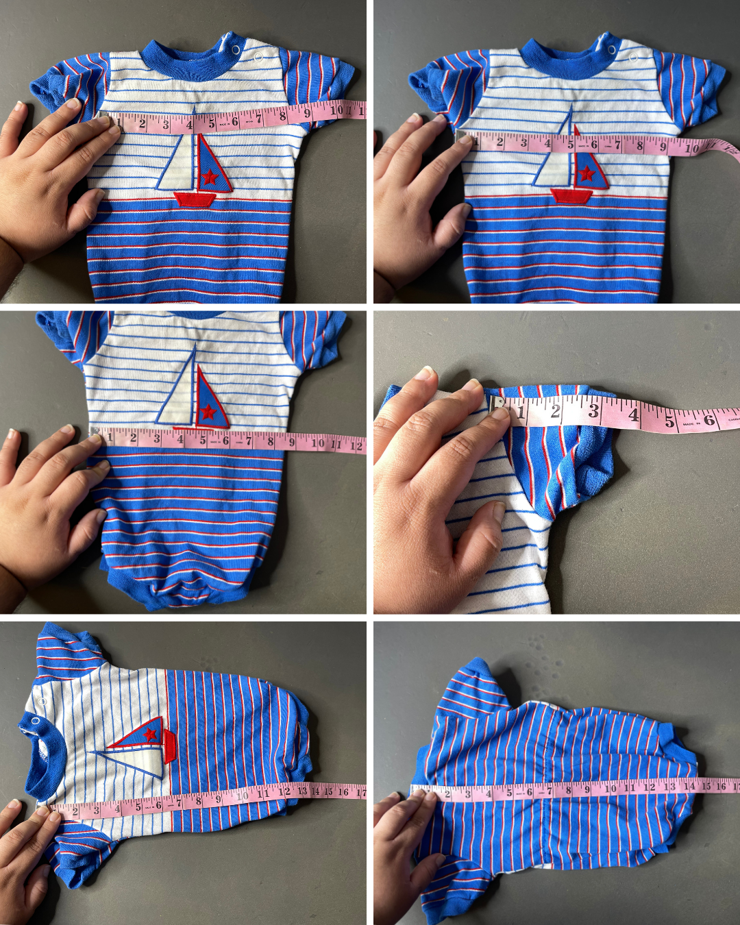 Vintage Blue Striped Multi-Color Sailboat Romper Sz 9M