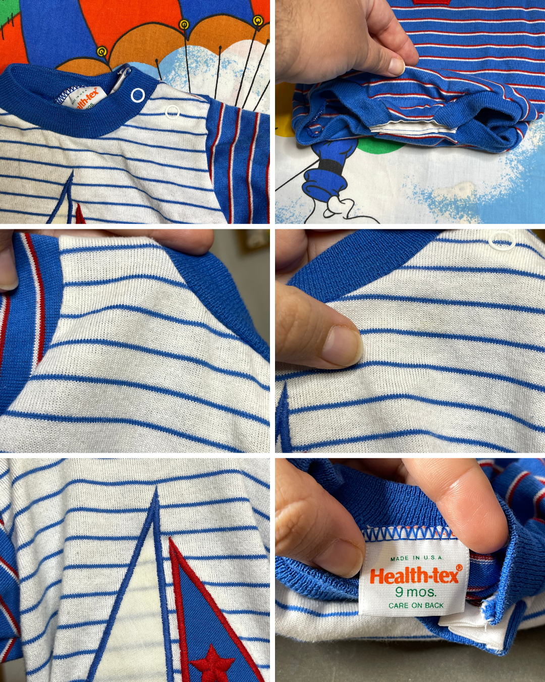 Vintage Blue Striped Multi-Color Sailboat Romper Sz 9M