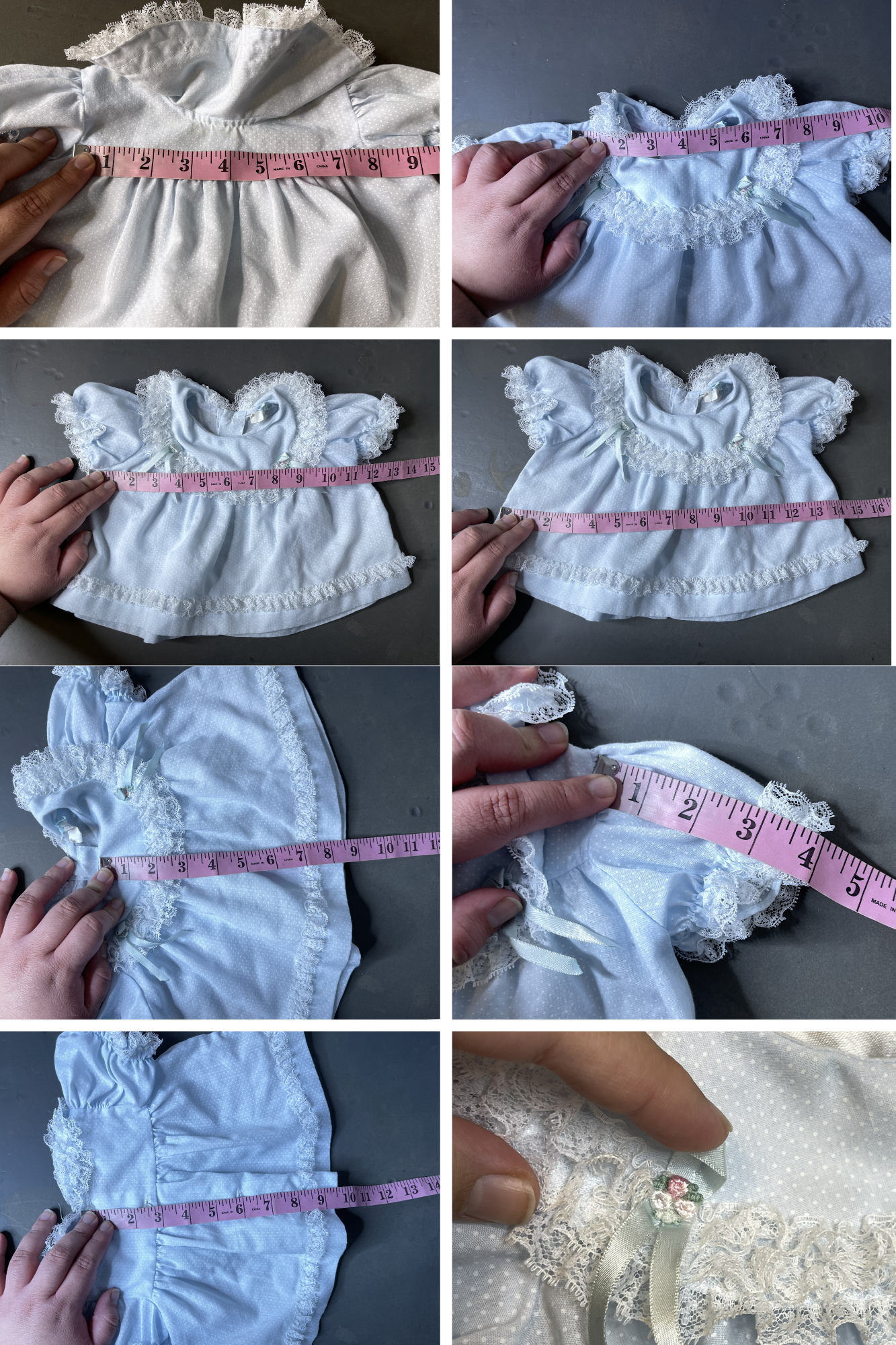 Vintage Baby Blue Polka Dot Lace Rose Bud Baby Dress Sz 6-9M