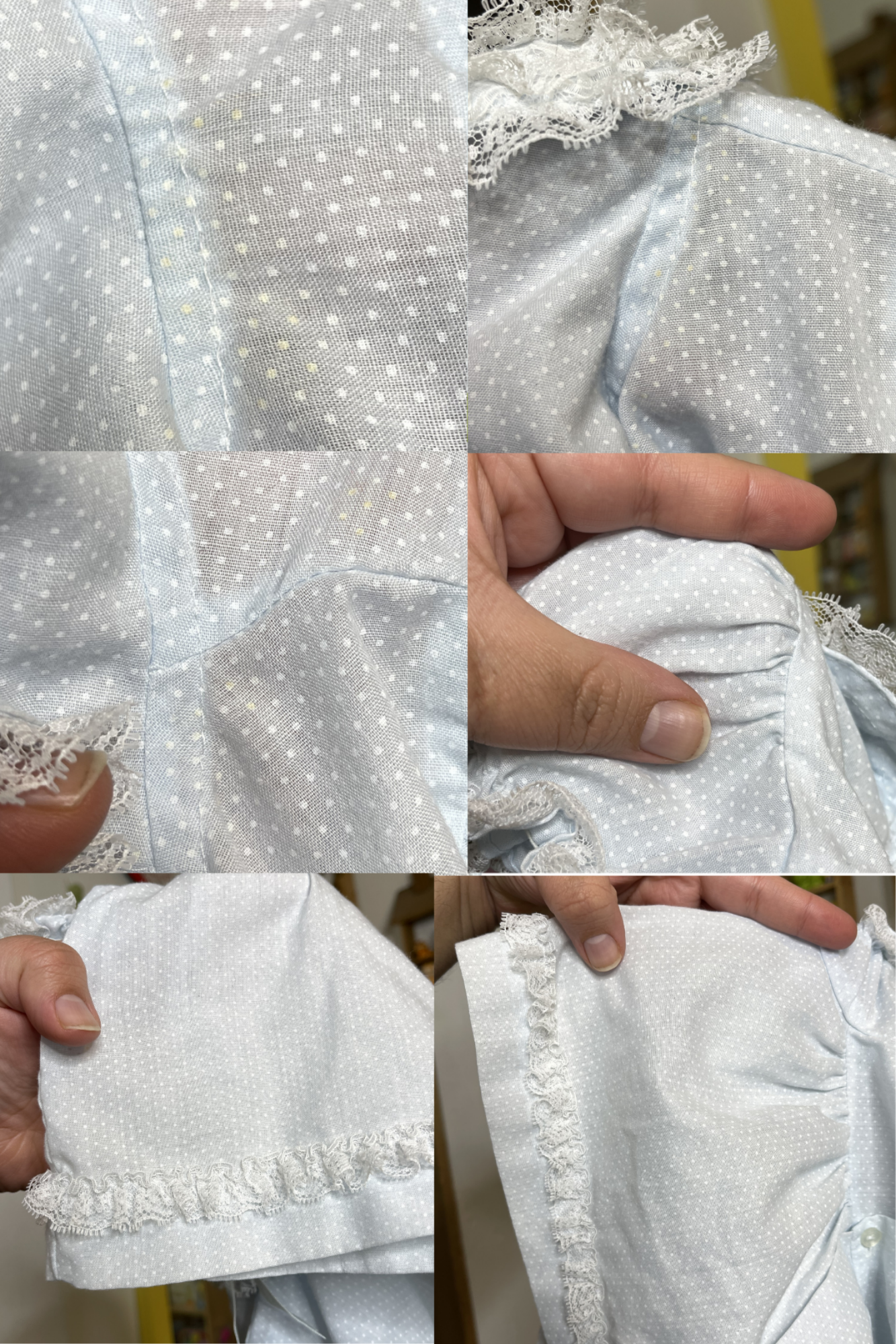 Vintage Baby Blue Polka Dot Lace Rose Bud Baby Dress Sz 6-9M