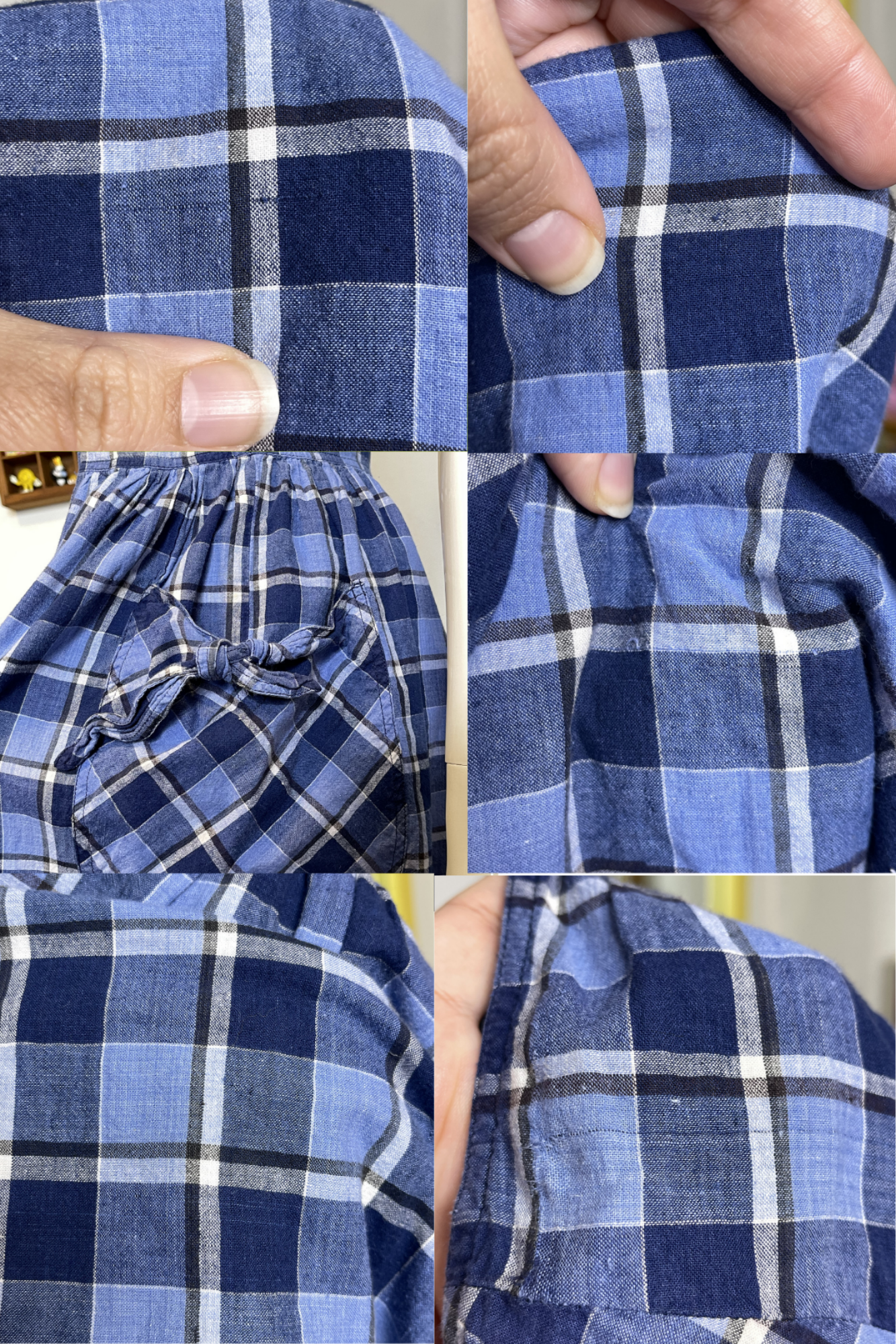 Vintage 90s Blue White Plaid Button Down Midi Dress Sz M