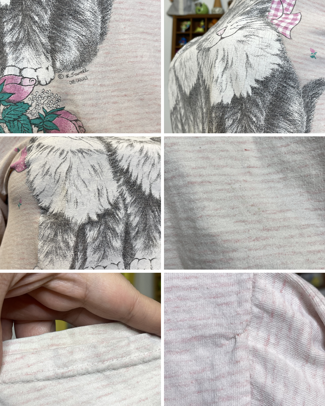 Vintage 90s Pale Pink Striped Kitten Graphic Tee Sz L