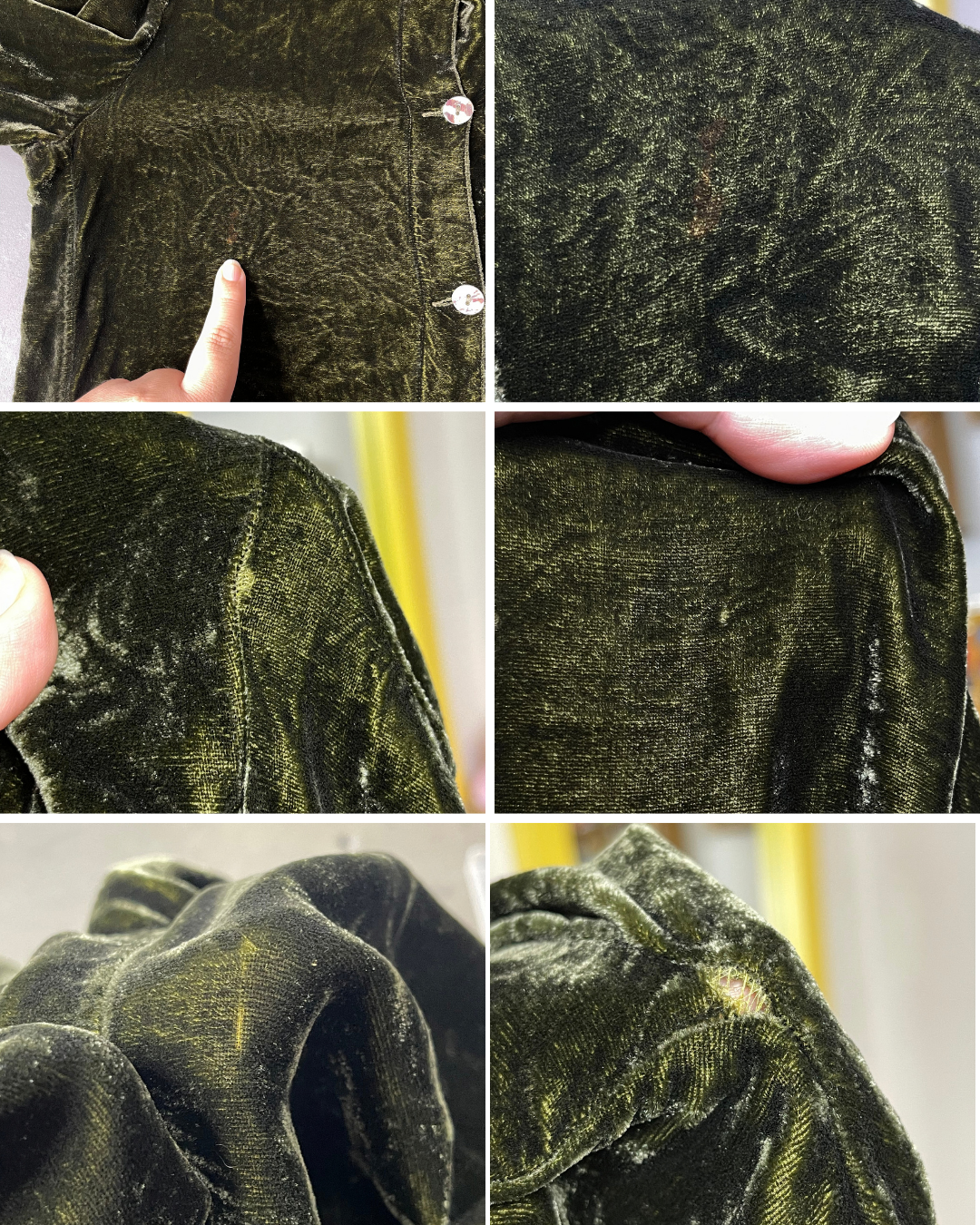 Vintage Frosty Moss Green Crushed Velvet Button Down Oversized Top Sz S
