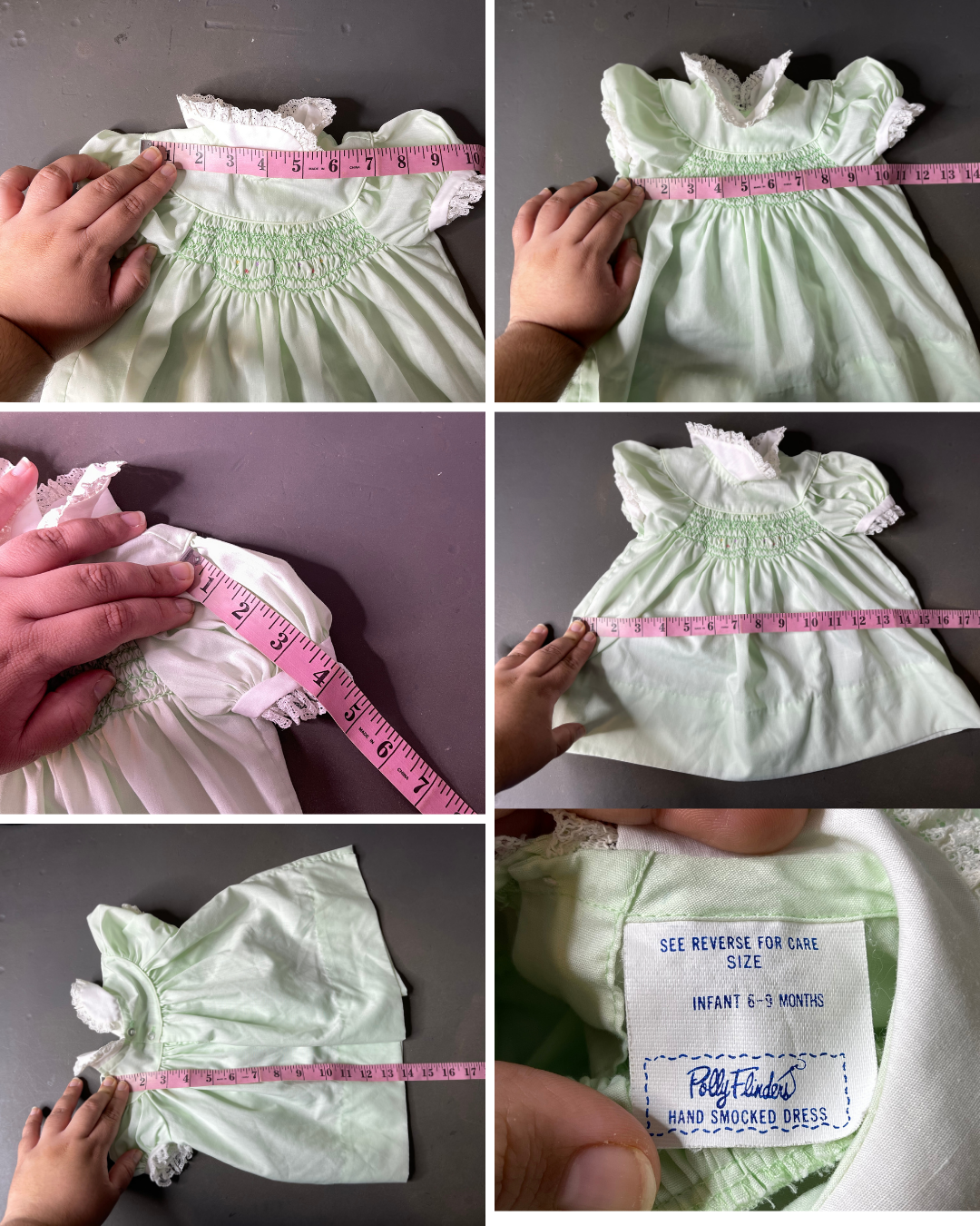 Vintage Light Green Tulip Lace Hand Smocked Dress Sz Infant 6-9M