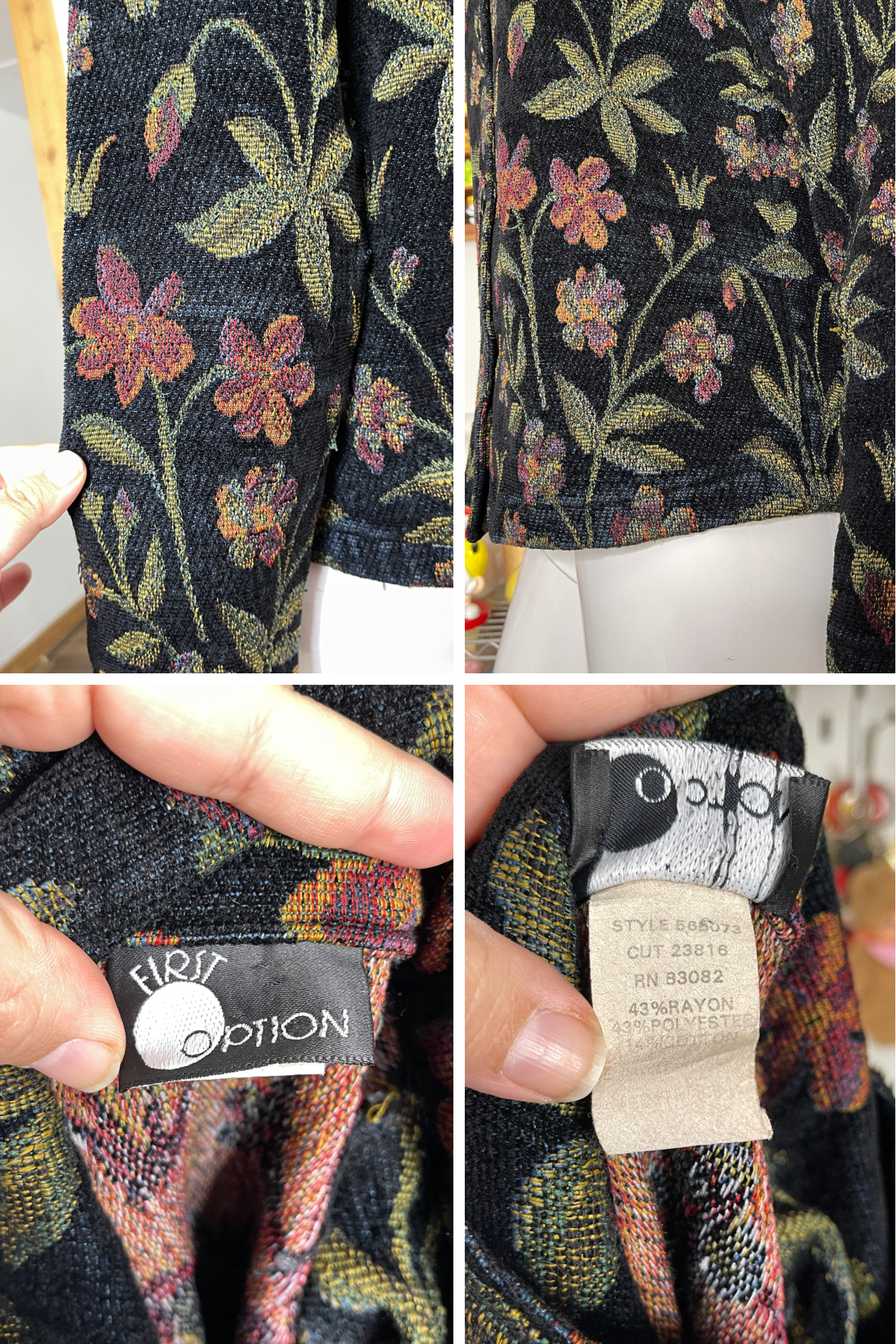 Vintage Black Floral Tapestry Chenille Jacket Sz S